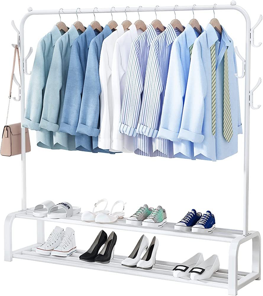 UDEAR Garment Rack Free-standing Clothes Rack with Top Rod,Lower Storage and 6 Hooks, White | Amazon (US)