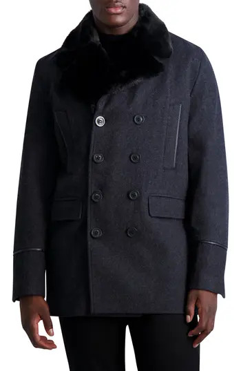 KARL LAGERFELD PARIS Wool Blend Peacoat with Faux Fur Collar in Charcoal/Black at Nordstrom Rack, Size Large | Nordstrom Rack