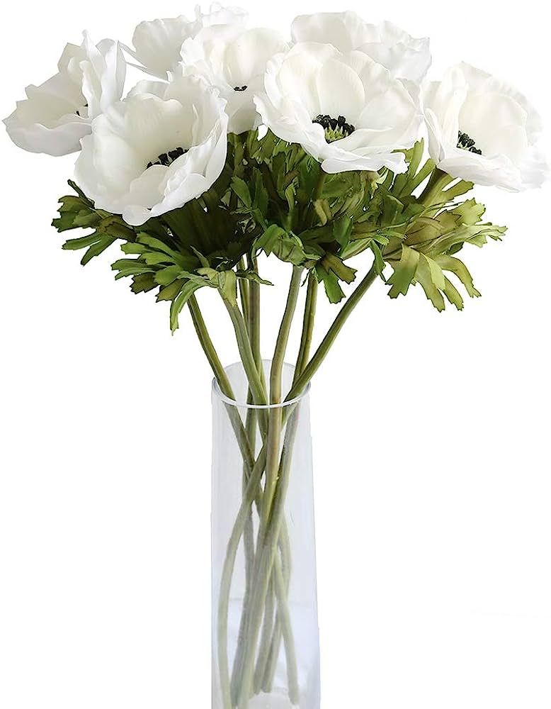 7PCS Anemone Artificial Flowers Real Touch Silk Flower Wedding Bride Bouquet DIY Home Decor (Whit... | Amazon (US)