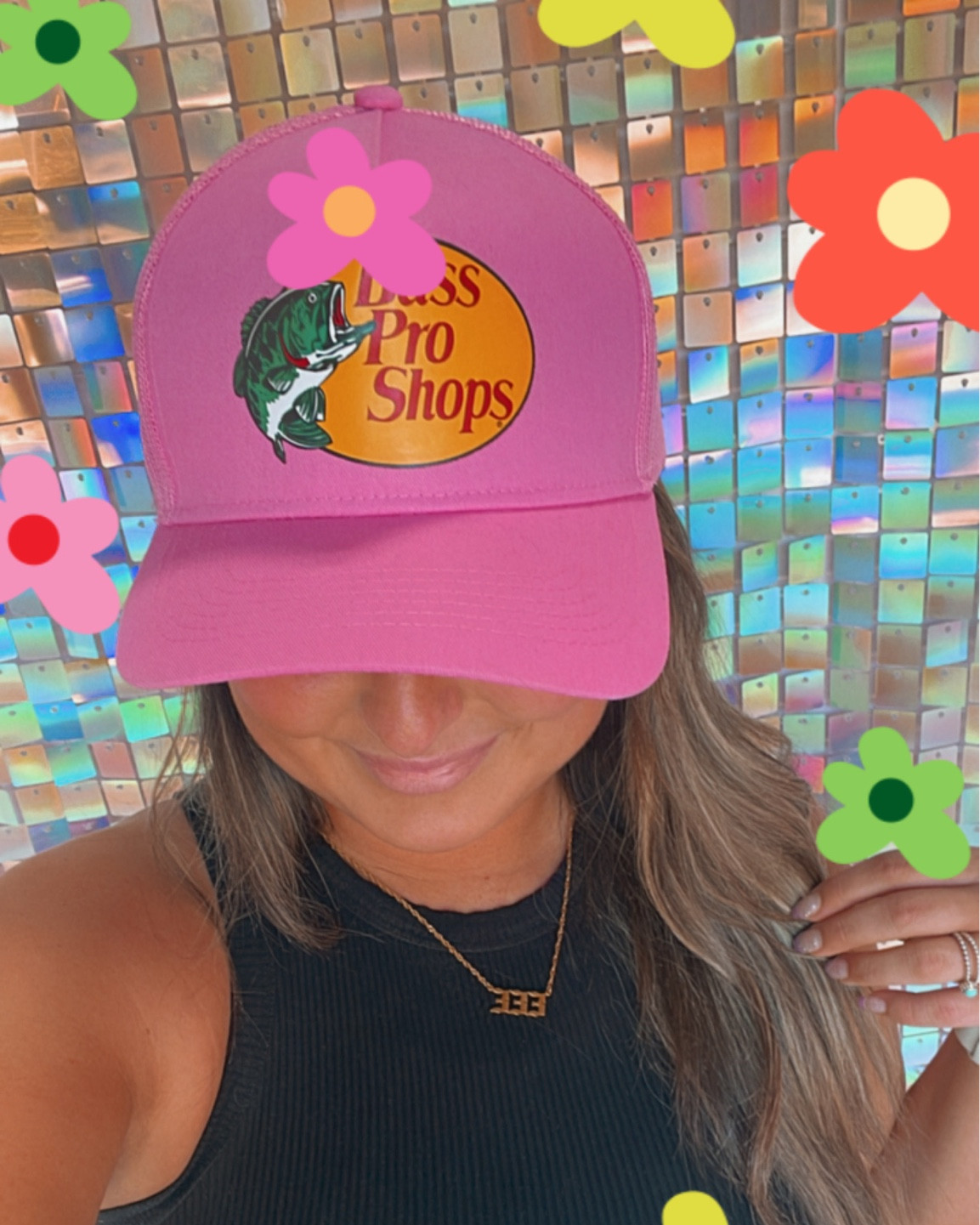 Pink bass pro shops hat + 18K gold filled angel number 333 necklace I wear everyday 