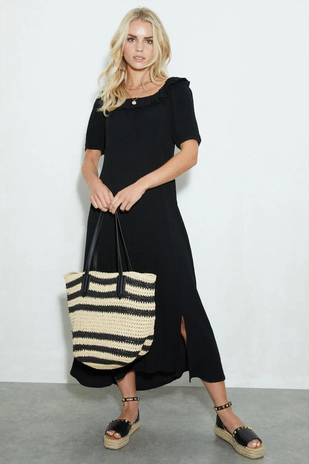 Black Dorothy Perkins Frill Neck Midi Dress | Debenhams | Debenhams UK