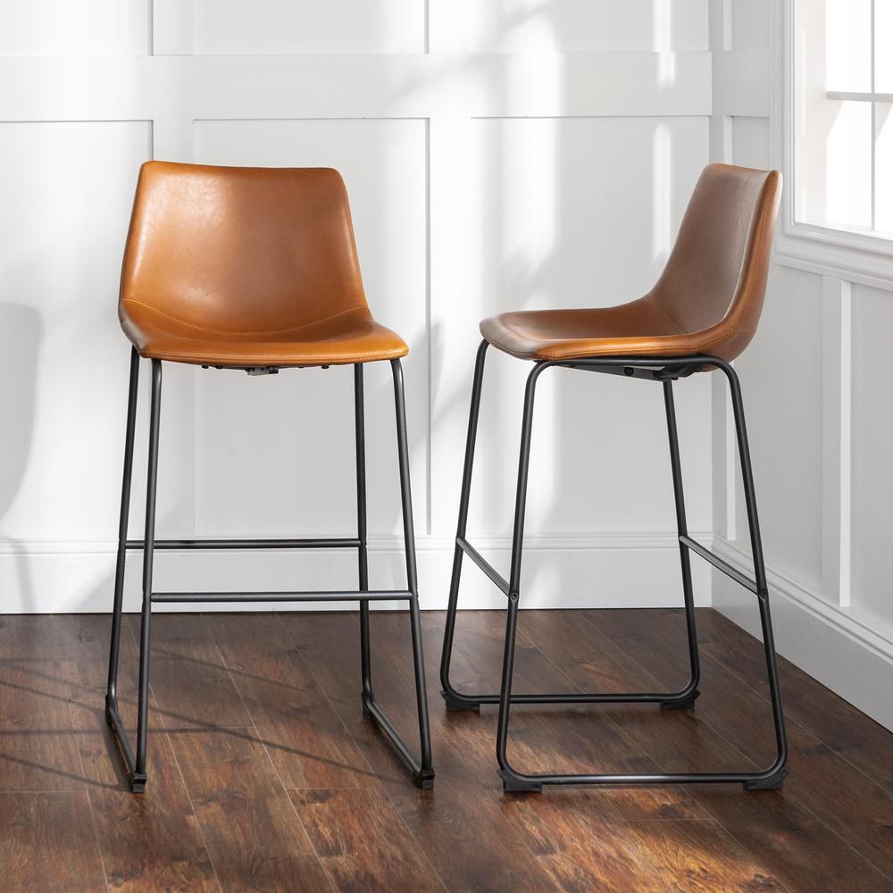 Walker Edison 29-3/8 in. Whiskey Brown Faux Leather Bar Stools (Set of 2), Whiskey Brown/Black | The Home Depot