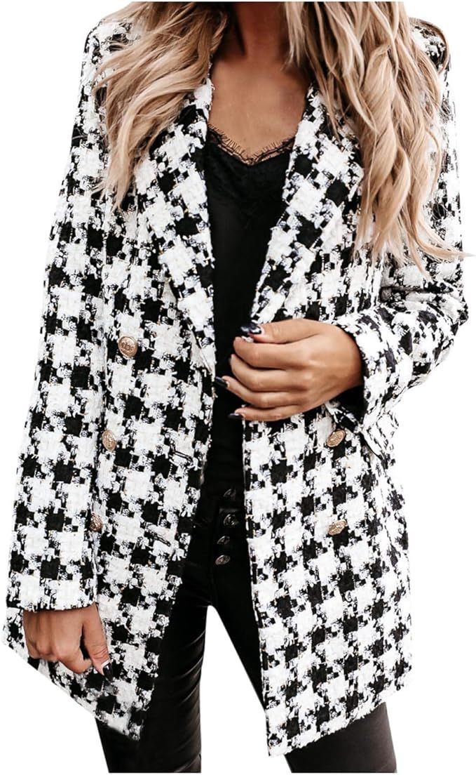 Womens Long Blazer Summer Blazers Gitter Double Breasted Woolen Jacket Blazer Dress,Black and Whi... | Amazon (US)