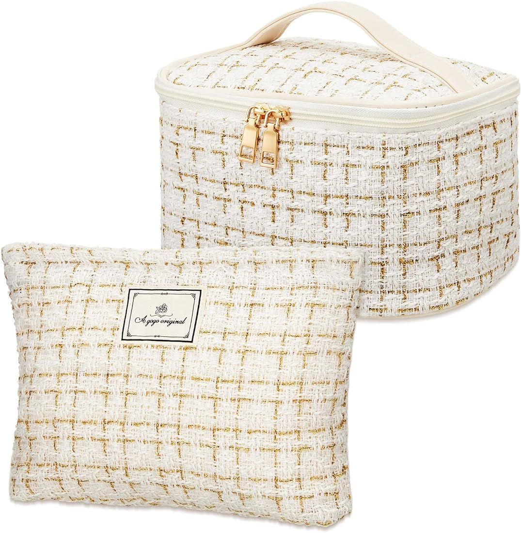 2 Pcs Large Travel Makeup Bag Portable Tweed Cosmetic Bag with Handle Makeup Case Washable White ... | Amazon (US)