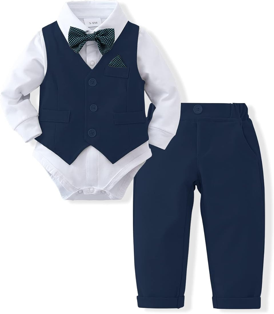 DISAUR Baby Boy Clothes Suits, Gentleman Outfit Dress Romper + Beret Hat + Suspender Pants + Bow ... | Amazon (US)