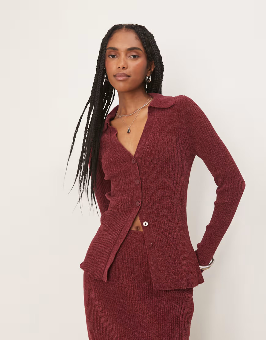 ASOS DESIGN knit longline collared cardigan in burgundy - part of a set | ASOS (Global)