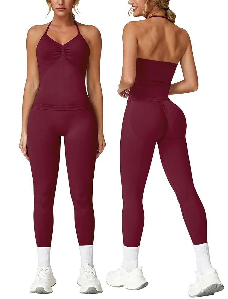 ABOCIW Workout Sets for Women Seamless Scunch Butt Lifting Impact Leggings Longline Strappy Top 2... | Amazon (US)