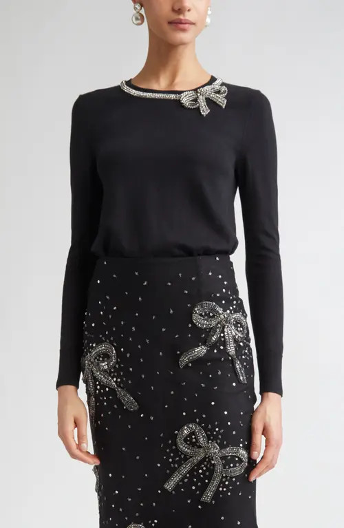 Carolina Herrera Crystal Bow Silk & Cotton Sweater in Black at Nordstrom, Size Large | Nordstrom