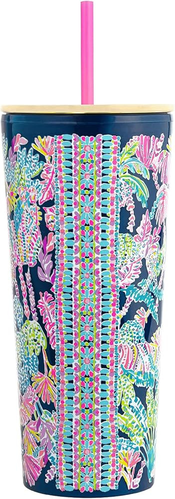 Lilly Pulitzer Insulated Tumbler with Lid and Straw, 24 Oz Travel Cup, Navy Blue Double Wall Tumb... | Amazon (US)