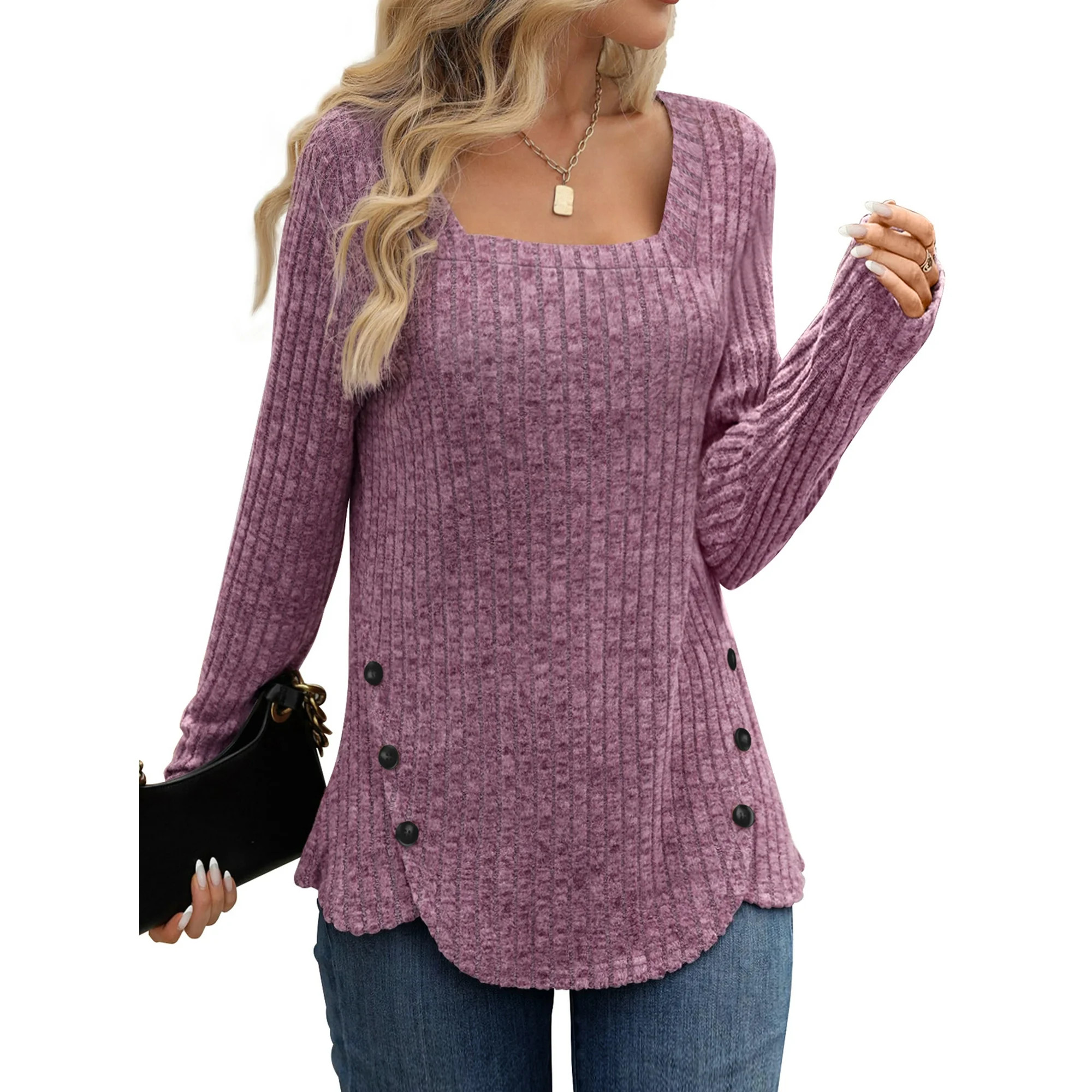 Fantaslook Square Neck Tops for Women Long Sleeve Dressy Blouses Button Side Tunic Shirts | Walmart (US)