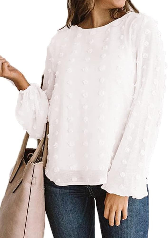 Womens Chiffon Blouse Swiss Dot Casual Round Neck Long Sleeve Pom Pom Shirts Back Keyhole Tops | Amazon (US)