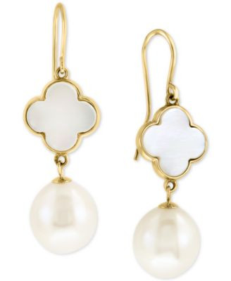 EFFY® Mother-of-Pearl & Freshwater Pearl (9-1/2mm) Drop Earrings in 14k Gold | Macy's