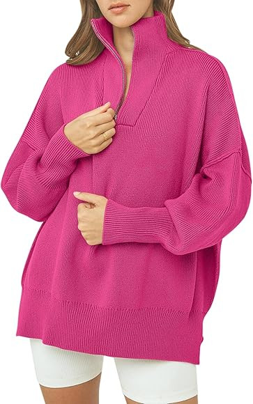 Caracilia Womens Oversized Sweaters 2023 Quarter Zip Collar Long Sleeve Drop Shoulder Rib Knit Ca... | Amazon (US)