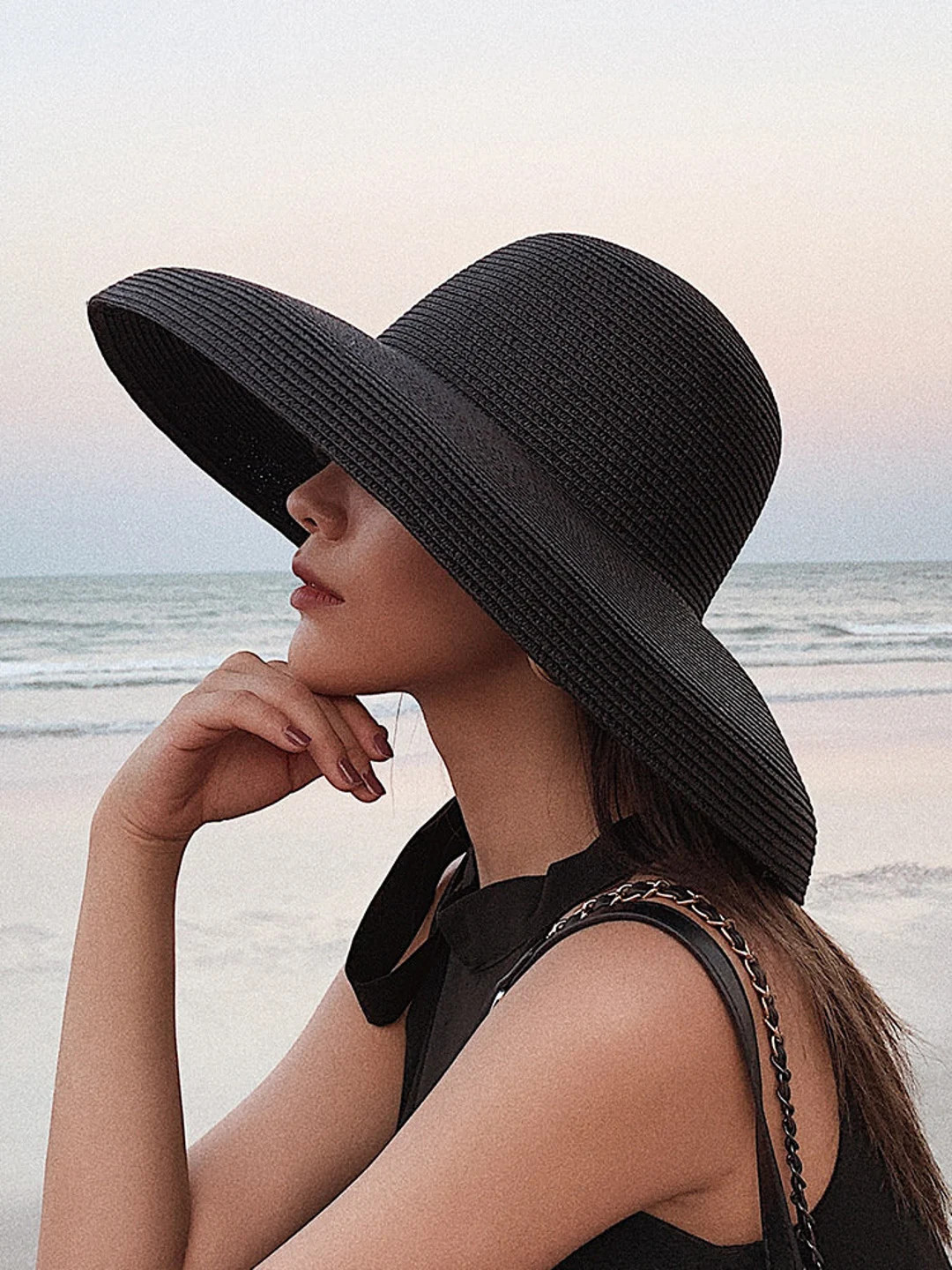 Vintage Hepburn Style Black Straw Sun Hat, 5” Brim - Etsy | Etsy (Global)