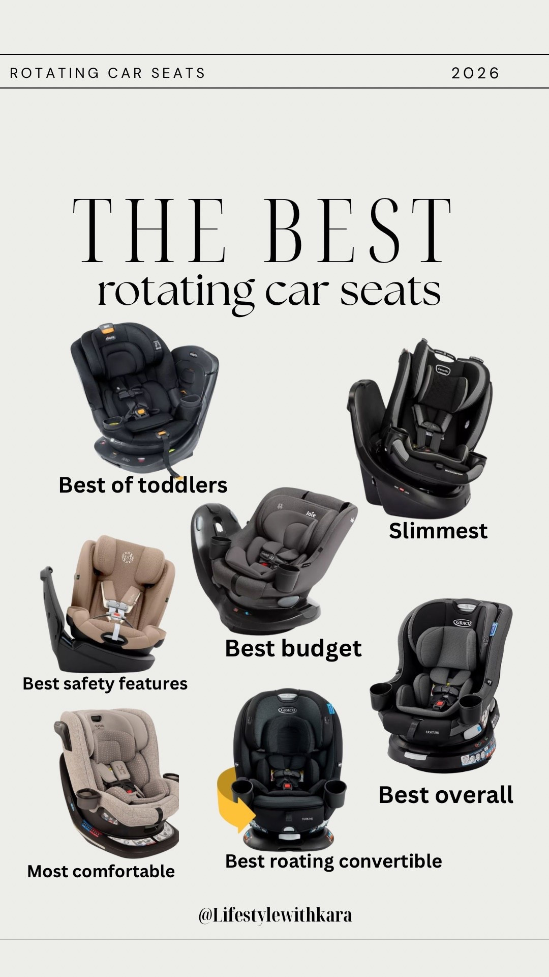 Hands down recommend a rotating car seat! When it first came out Nuna revv was th only one on the market (when I got mine) now they have many!

-We have the Nuna revv (MOST COMFORTABLE) I do love it but hate it only goes to 40lbs. 

-BEST OVERALL Graco EasyTurn 360 2-in-1 Rotating Convertible Car Seat

-BEST ROTATING CONVERTIBLE
Graco Turn2Me 3-in-1 Rotating Car Seat

-BEST SAFETY FEATURES
CYBEX Callisto G 360

-BEST FOR TODDLERS
Chicco Rotating Convertible Car Seat

-BEST BUDGE
Joie Chili Spin 360 Rotating 2-in-1 Car Seat

-SLIMMEST Evenflo Revolve360 Slim Rotational Convertible Car Seat
