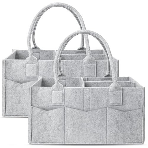 Cute Castle 2 Pack Diaper Caddy Organizer - Portable Baby Caddy Organizer with Handle, Nursery Storage Bin and Car Organizer for Girls, Boys - Baby Gift Basket - Grey | Amazon (US)