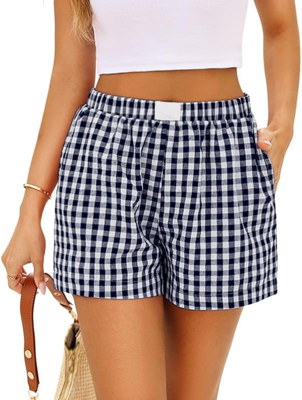 Marvmys Womens Boxer Shorts Cotton Plaid Gingham Shorts Summer Elastic Waist Pajama Bottoms with ... | Amazon (US)