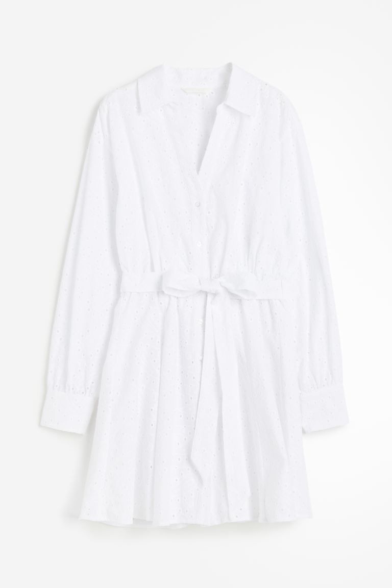 Shirt Dress with Eyelet Embroidery - White - Ladies | H&M US | H&M (US + CA)