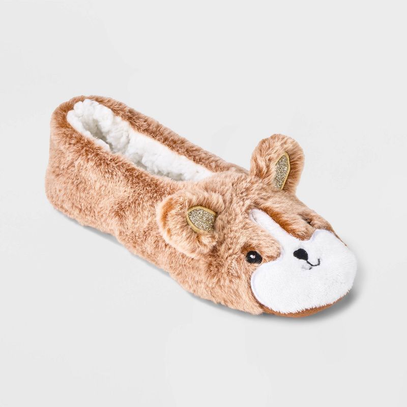 Women's Corgi Faux Fur Pull-On Slipper Socks with Grippers - Camel | Target