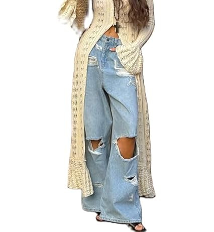 THUNDER STAR Womens High Waisted Wide Leg Jeans Stretchy Distressed Denim Pants Light Blue XS at ... | Amazon (US)