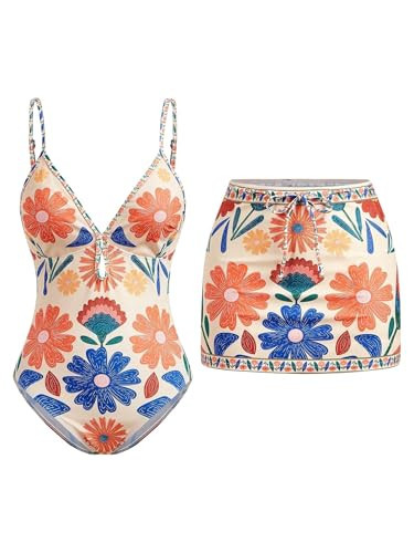 SHENHE Women's Boho One Piece Swimsuit with Cover Up Skirt Tummy Control Floral Beach Bathing Suit Apricot Medium | Amazon (US)