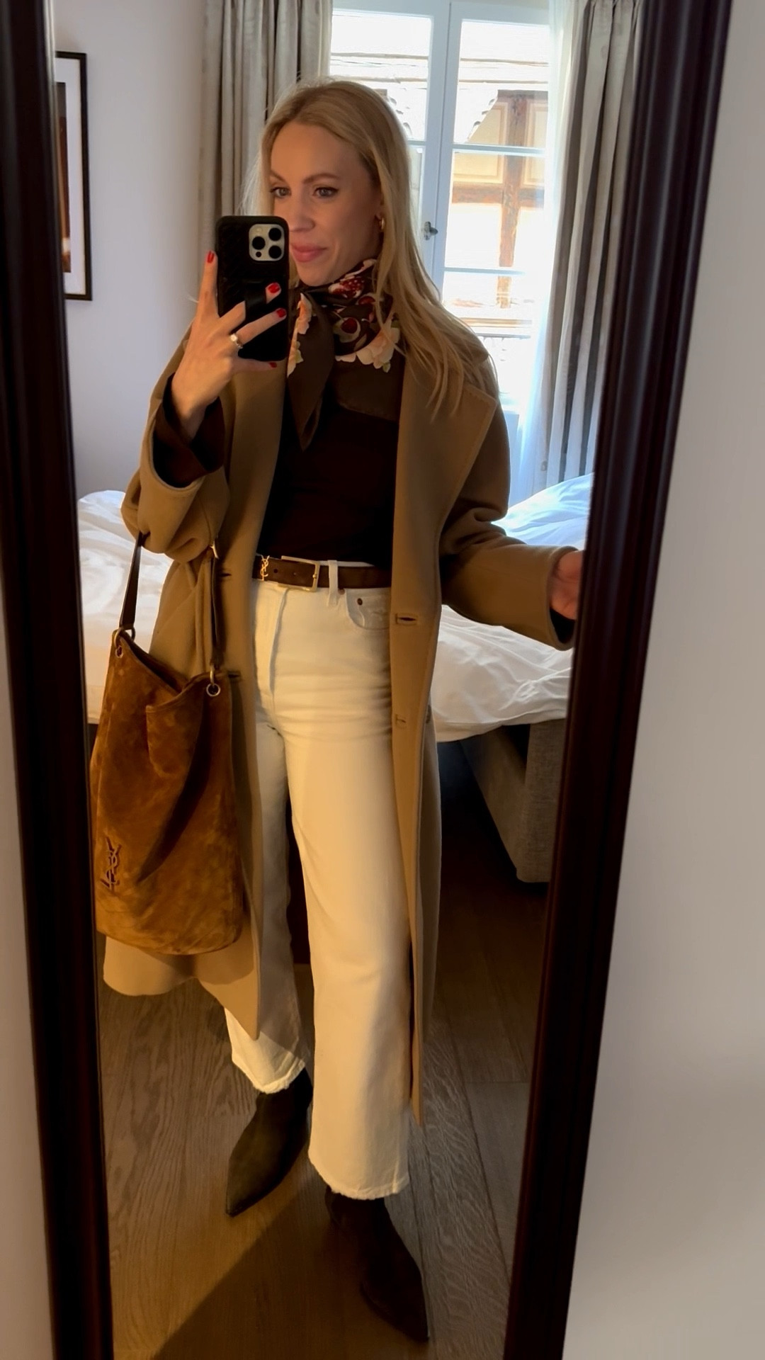 Look of the day, European vacation, travel look, camel coat, silk scarf, @Levi's white ankle jeans, YSL suede belt, chocolate brown and white spring outfit 

#LTKTravel #LTKdayinmylife #LTKootd