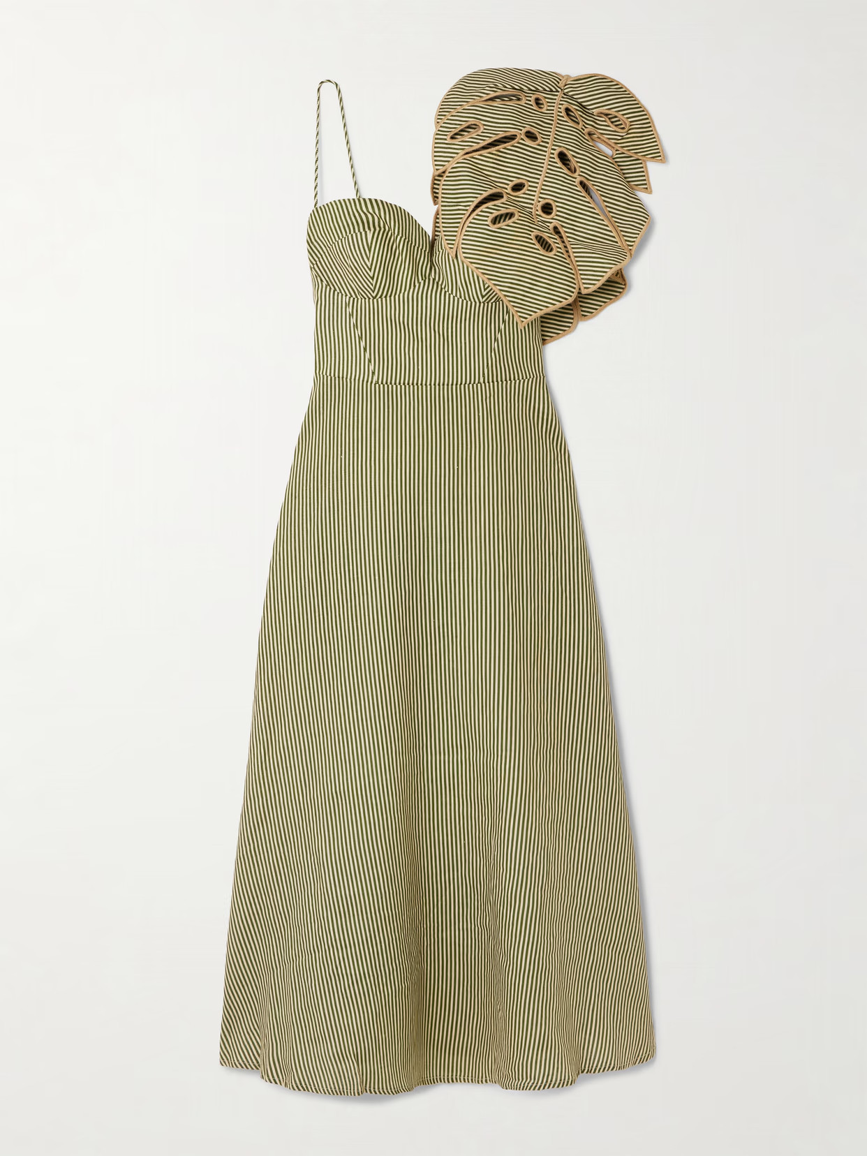 Farm Rio - Appliquéd Striped Linen Midi Dress - Green | NET-A-PORTER (US)