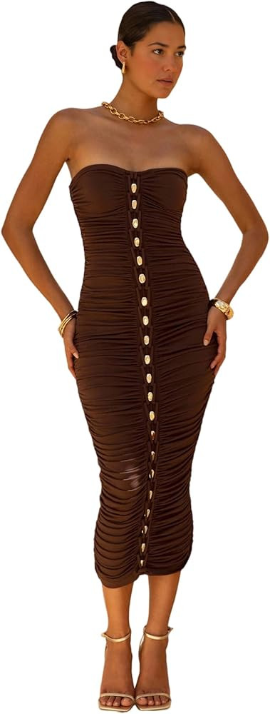 Elegant Deep Brown Strapless Evening Gown with Pleated Detail Midi Dress Prom Dresses | Amazon (US)