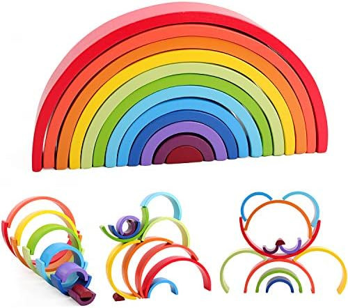 QZMTOY Wooden Rainbow Stacker, Extra Large 12 Pcs Stacking Game, Nesting Puzzles Building Blocks ... | Amazon (US)