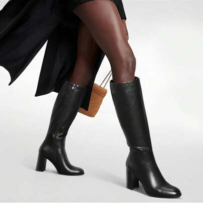 Black Knee-High Boots For Women â Round Toe, Chunky Heel, Gogo Style With Side Zip. Fashionable And Tall, Perfect For A Stylish Look. | SHEIN