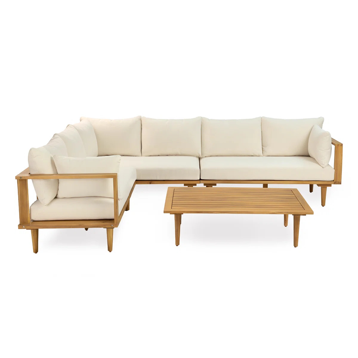 Nerina 6-Seater Modern Acacia Wood Outdoor Sectional Sofa Set with Coffee Table and Cushions | Wayfair North America