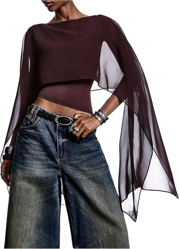 SOLY HUX Women's Y2k Poncho Top Boat Neck Long Sleeve Sheer Flowy Cape Going Out Crop Tops | Amazon (US)