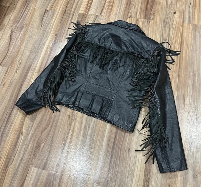 XS Vintage 80s Berman's Black Leather Fringe Western Biker - Etsy | Etsy (US)