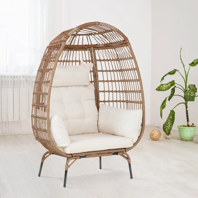 PayLessHere 352lb Capacity Steel Egg Outdoor Lounger with 4 Comfort Cushion and Stand, White | Walmart (US)