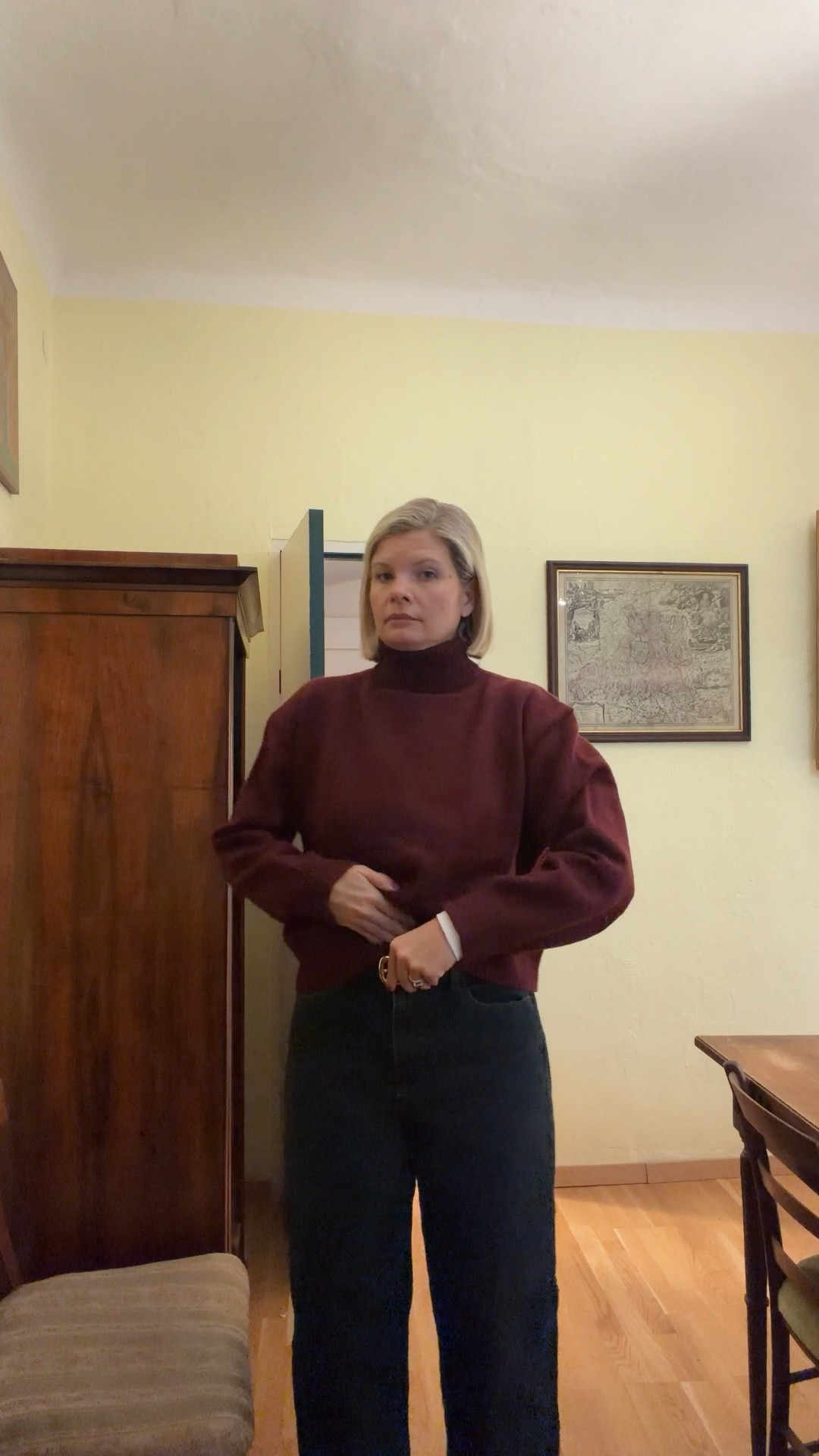 Burgundy turtleneck sweater TTs
High rise wide leg black jeans go down one size

#LTKgrwm #LTKTravel #LTKHoliday