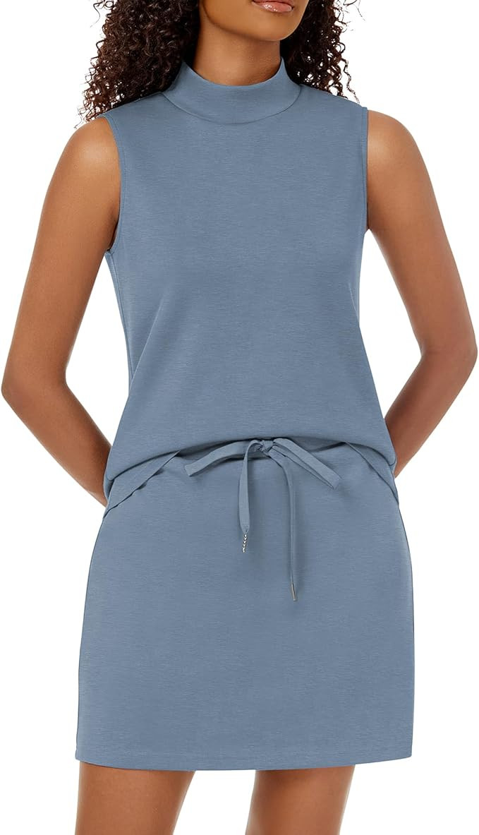 Two Piece Skirt Set for Women Sweatsuits Tennis Outfits Casual Mock Neck Sleeveless Top Elastic S... | Amazon (US)