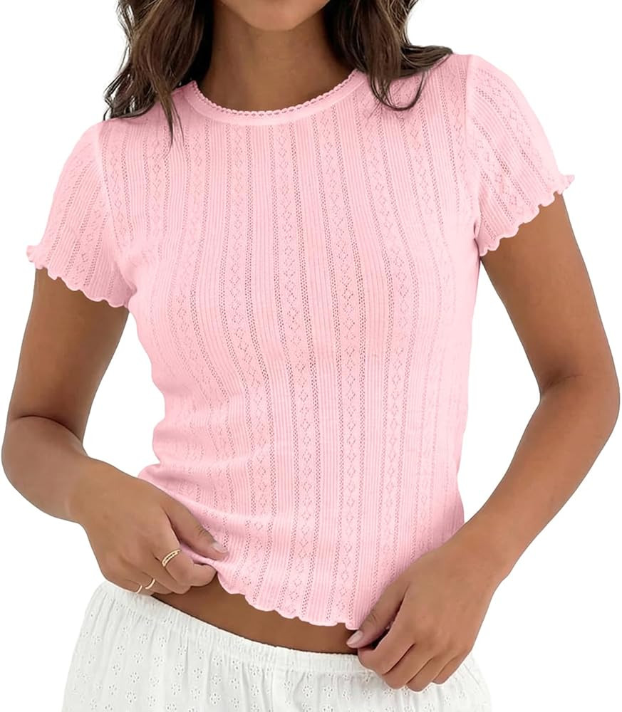 BAIGRAM Women Cute Y2K Pointelle Crop Tops Lettuce Short Sleeve Crew Neck Tee Slim Fitted Tshirts... | Amazon (US)
