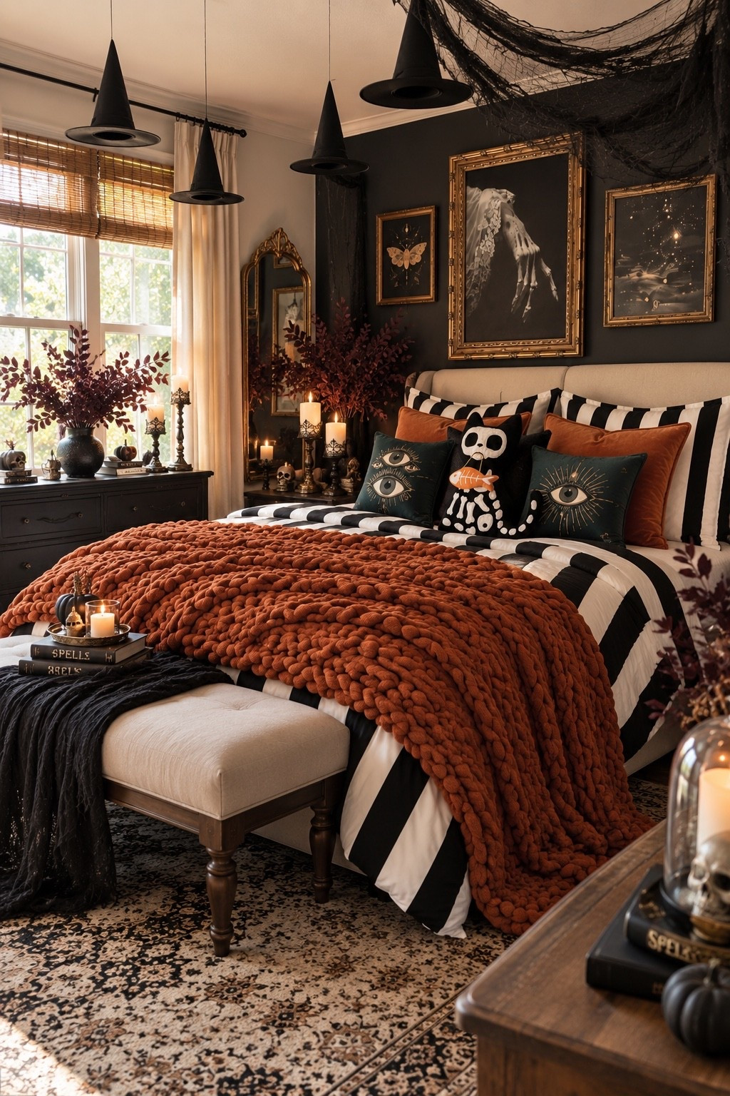🖤🎃 Moody, cozy & a little witchy ✨ Create the ultimate adult Halloween bedroom with striped bedding, gothic wall art, vintage candle holders, spooky pillows, burnt-orange knit blankets, plum foliage & hanging witch hats. 🕯️🧡

#LTKHome #LTKSeasonal