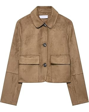 Xunger Women's Retro Faux Suede Bomber Jacket Cropped Lapel Coat Button Front Pockets Casual Stre... | Amazon (US)