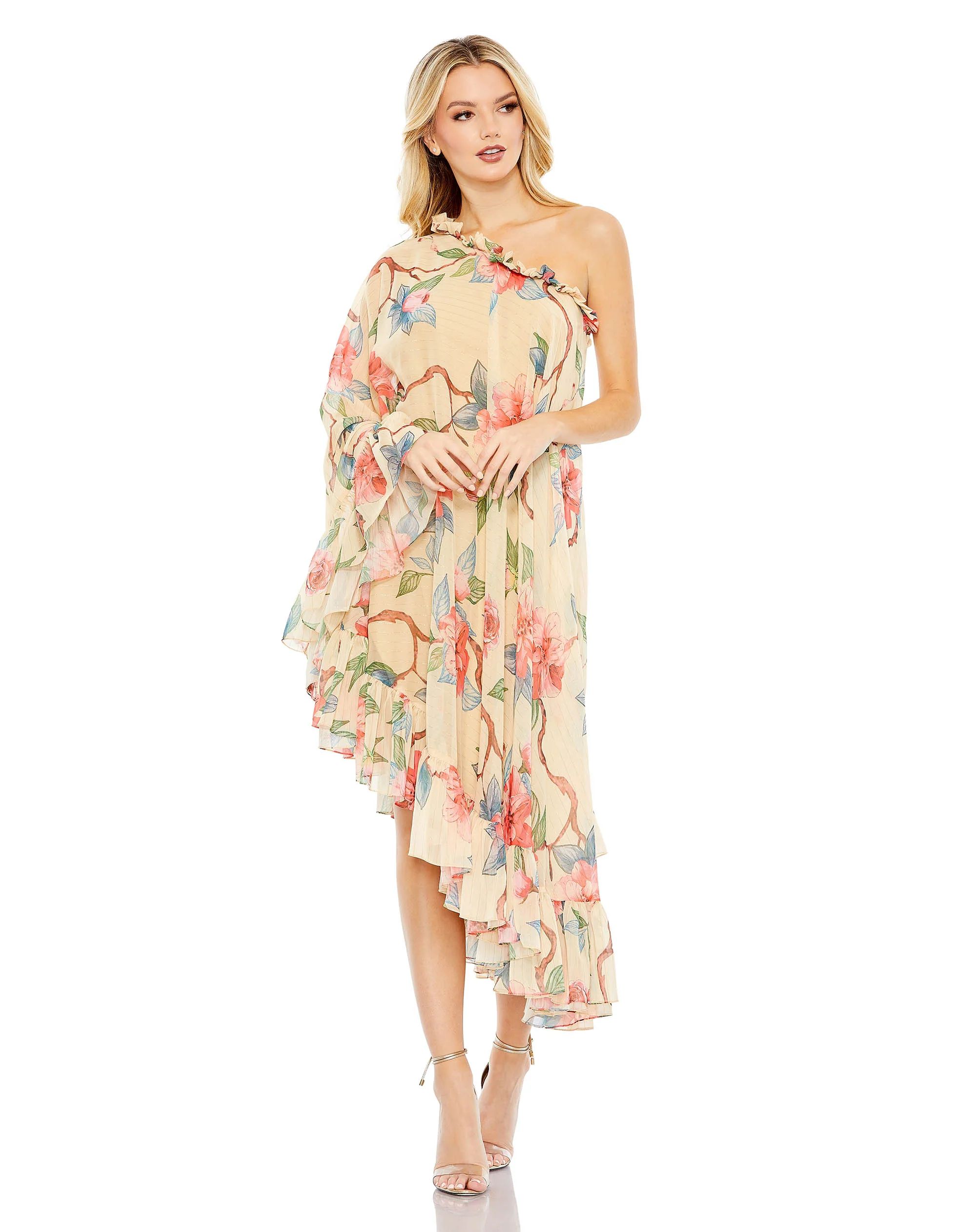 Floral Print One Shoulder Cape Dress | Mac Duggal