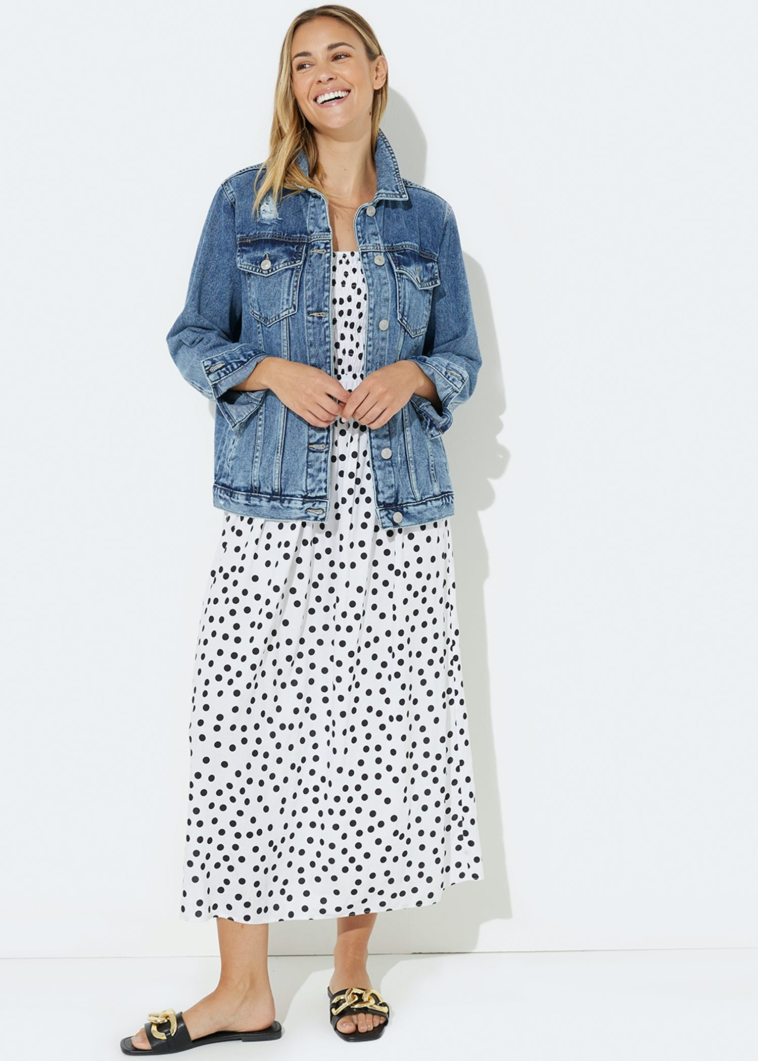 White Spot Shirred Midi Cami Dress – White | Matalan (UK)