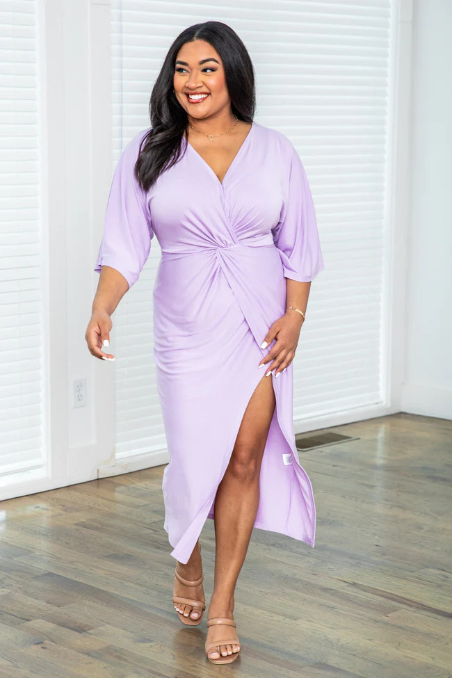 Can't Be Outdone Lavender Twist Detail Midi Dress | Pink Lily