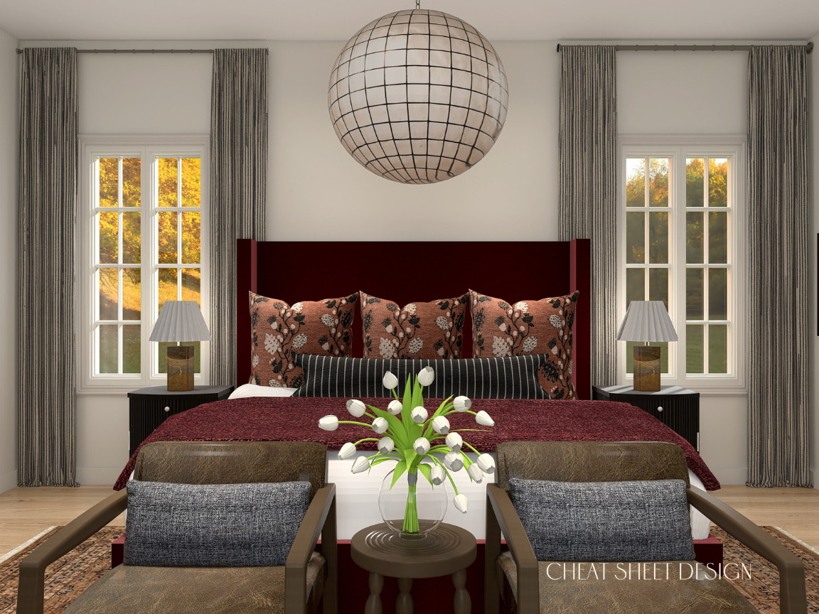 This pattern-mixed, moody bedroom was such a fun design for me. We knew the walls and the duvet should remain neutral, but everything else was fair game. With a bit of rearranging, a couple of statement pieces, and a ton of pattern and texture, this bedroom Cheat Sheet is complete!  

 #LTKHome #LTKStyleTip