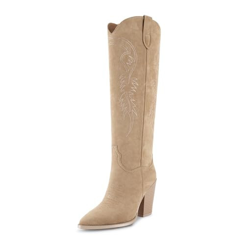 ISNOM Nude Cowgirl Boots for Womens Western Boots Tall Nude Cowboy Boots for Women Knee High Western Boots for Women Tall Cowboy Boots Women High Heel Wide Calf Cowboy Boots Women Cowboy Boots | Amazon (US)