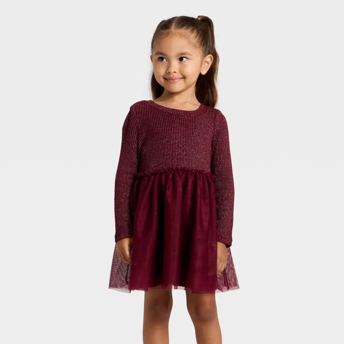Toddler Girls' Long Sleeve Sparkle Ribbed Tulle Dress - Cat & Jack™ Burgundy 12M | Target