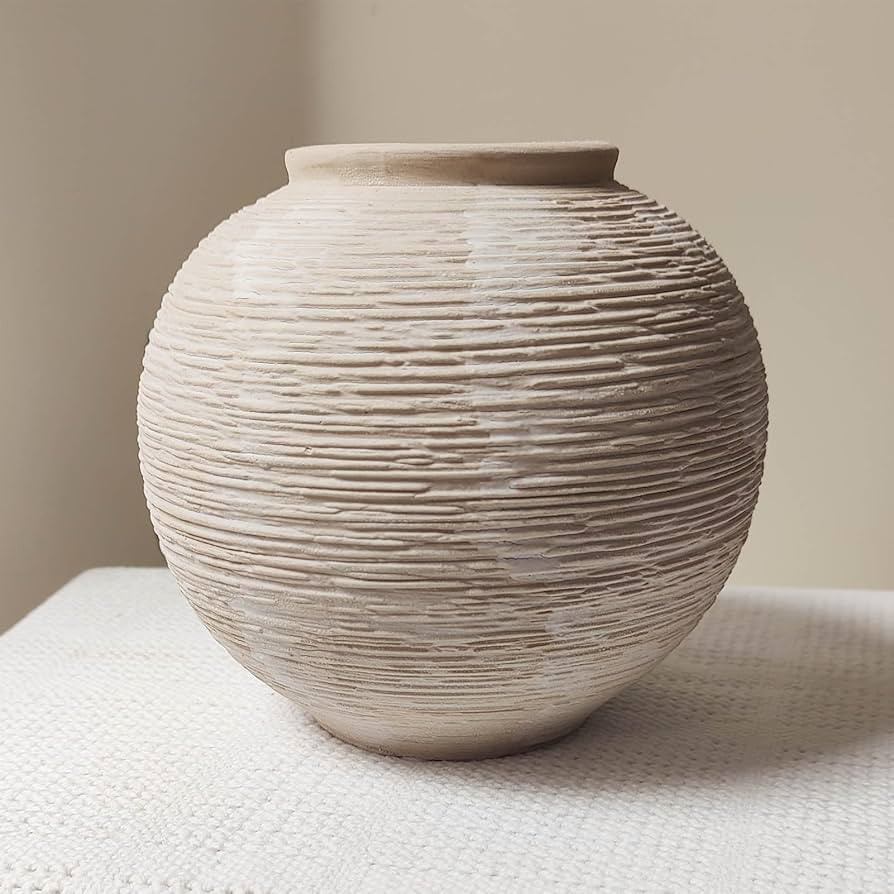 Rustic Farmhouse Vase Home Decor - 6 in Ceramic Boho Decorative Vase for Decor, Round Clay Whitew... | Amazon (US)