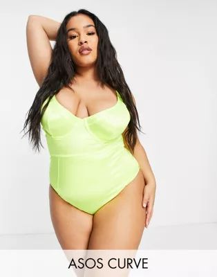 ASOS DESIGN Curve underwired contour swimsuit in neon yellow | ASOS (Global)