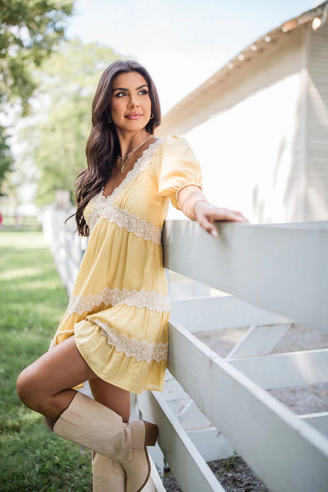 Savor This Feeling Mustard Lace Trim Mini Dress | Pink Lily