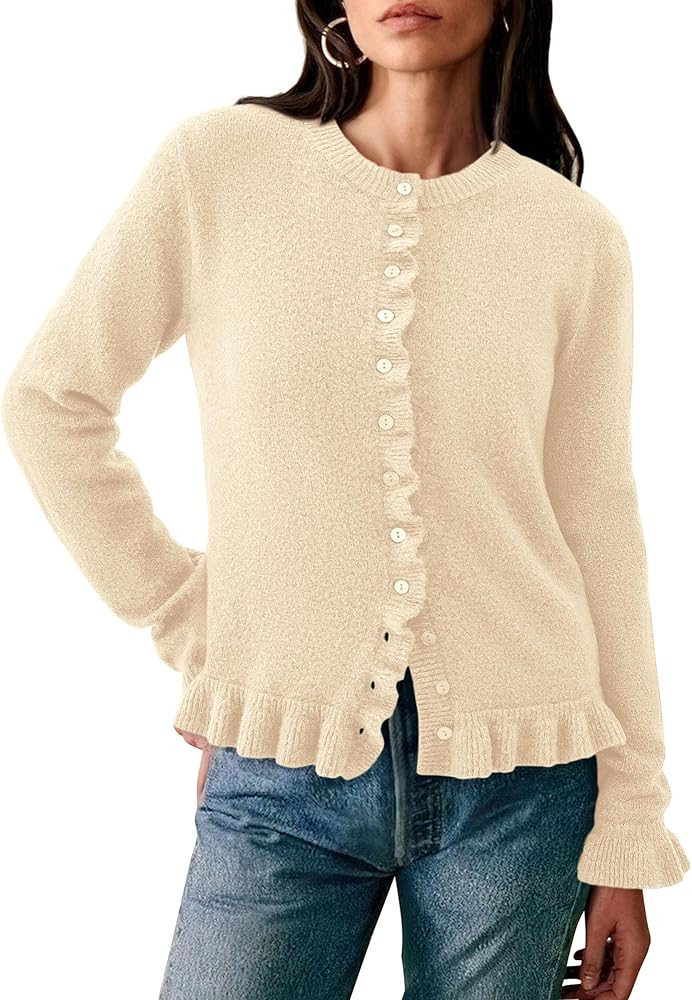 PRETTYGARDEN Womens Fall Button Down Cardigans Chunky Knit Ruffle Open Front Cropped Cardigan Swe... | Amazon (US)