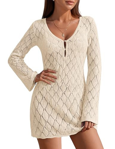 Ekouaer Swimsuit Coverup for Women Crochet Beach Cover Up Hollow Out Long Sleeve Cover Ups 2026 Summer Vacation Outfits Beige | Amazon (US)
